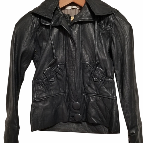 MIKE & CHRIS Genuine Leather Jacket Navy Blue/ (Grayish Blue) Detachable Hood - Picture 4 of 14